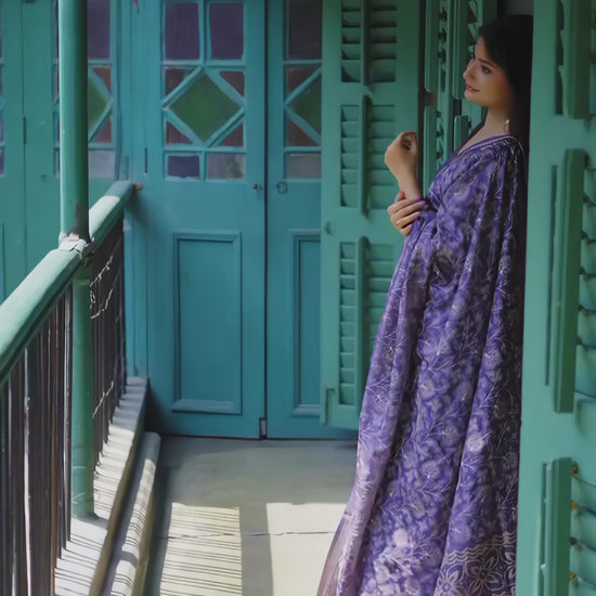 Purple Printed with Floral Embroidery Work Tussar Silk Saree