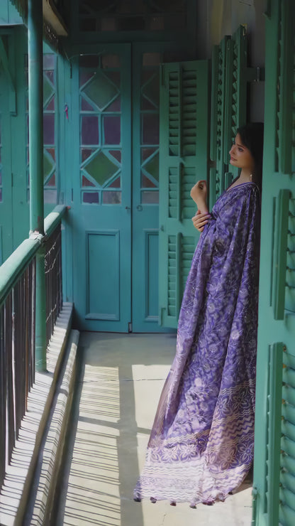 Purple Printed with Floral Embroidery Work Tussar Silk Saree