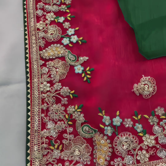 woman-pink-embroidered-saree-green-blouse-floral-border-modern-chair-background