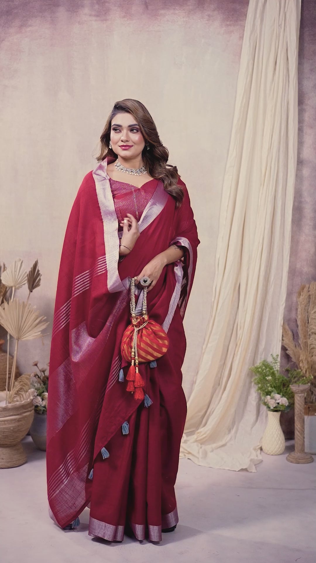 Maroon Zari Border Soft Linen Cotton Saree