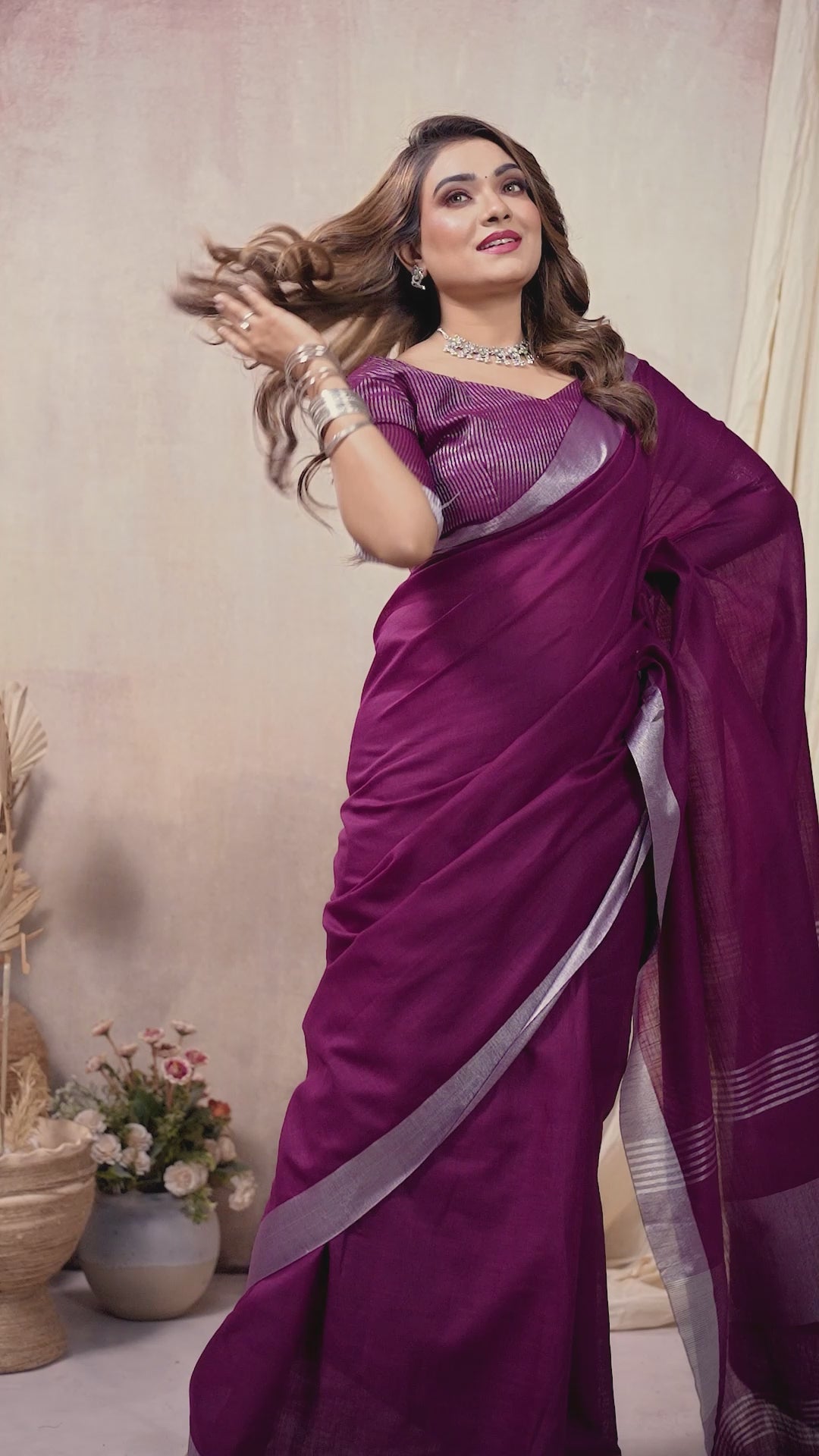 Magenta Zari Border Soft Linen Cotton Saree