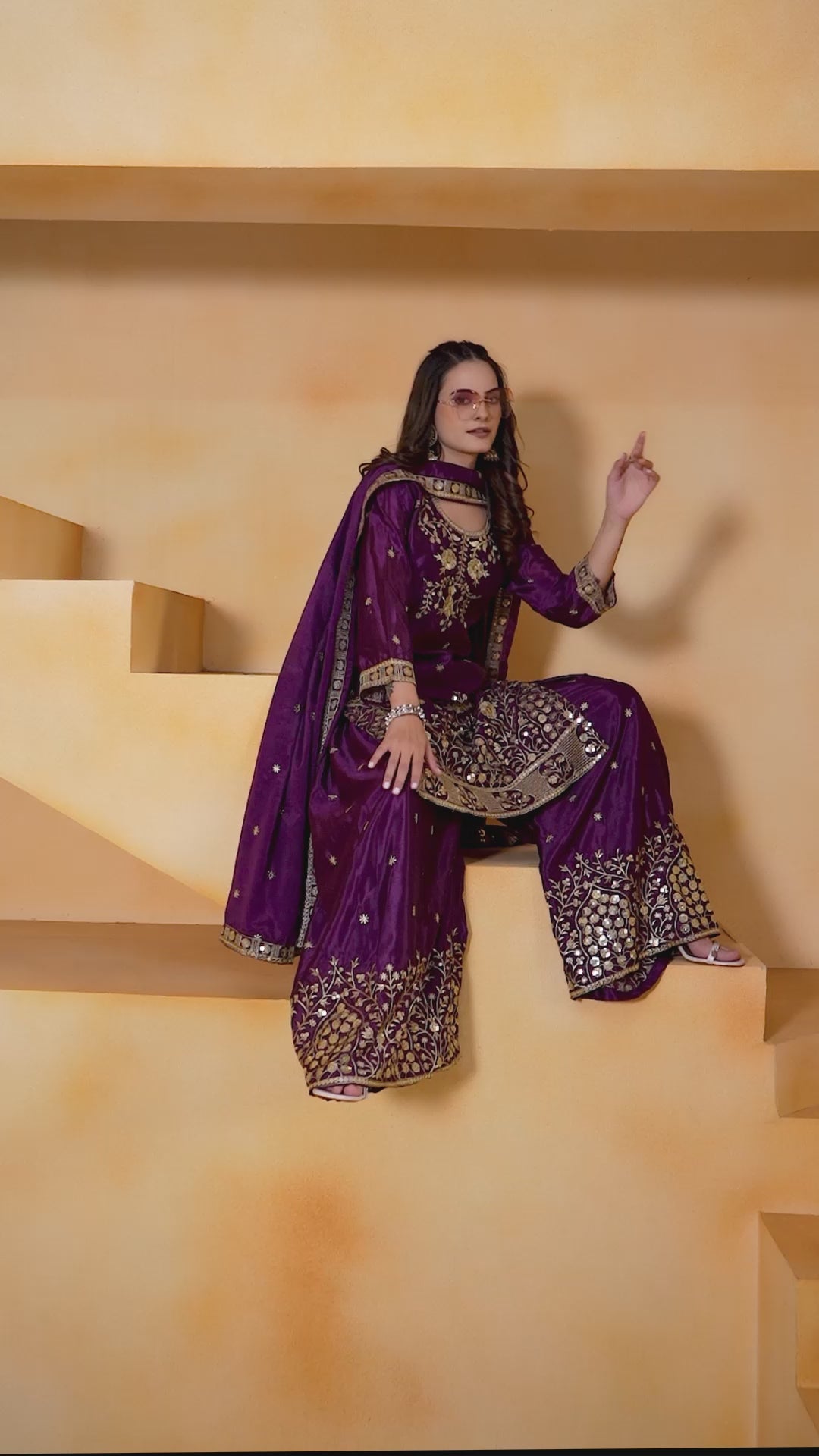 Wine Sequins Embroidery Work Chinon Suit