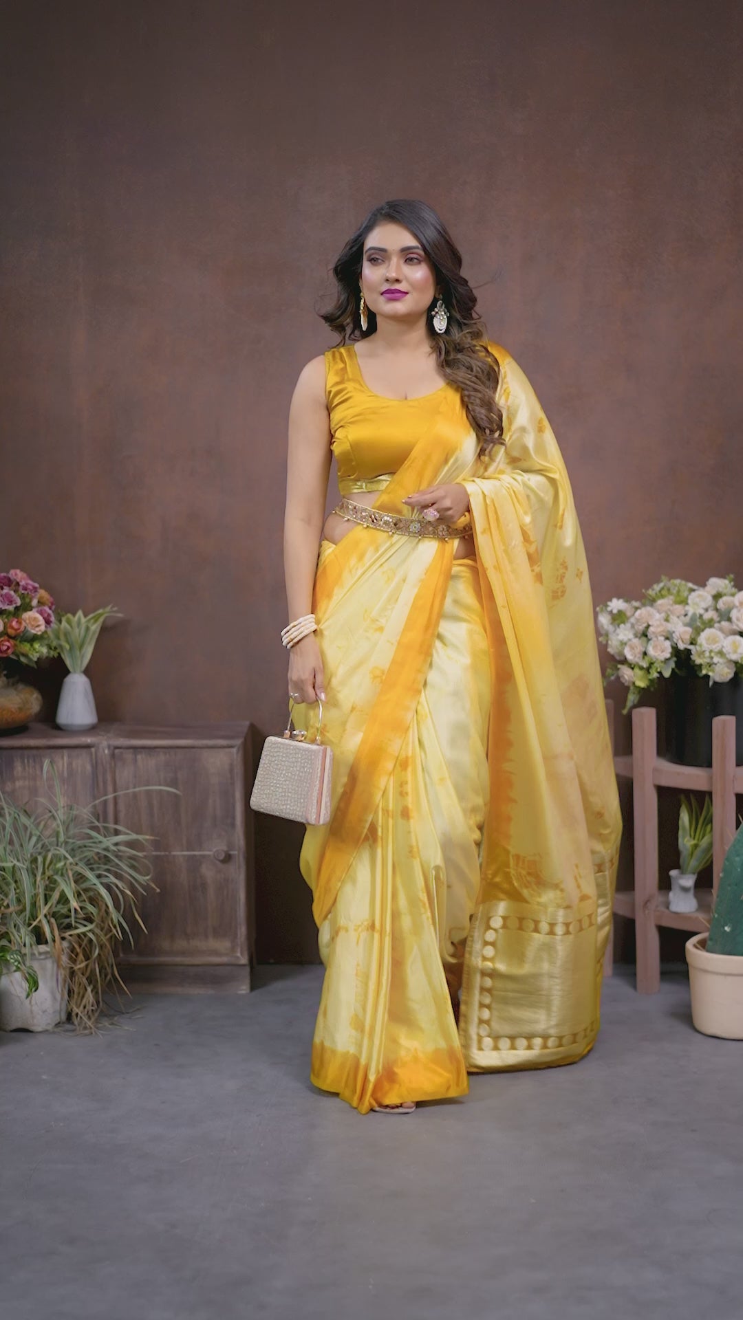 Yellow Sibori Work Soft Satin Silk Saree