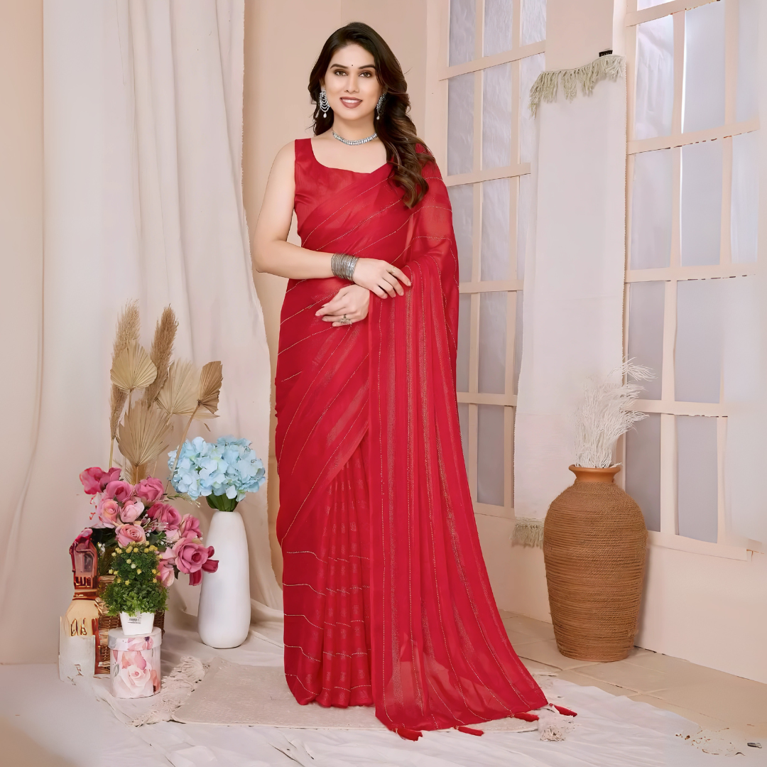 red-sequined-saree-sleeveless-blouse-modern-interior