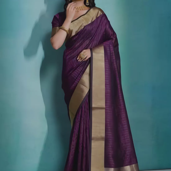 purple-silk-saree-gold-border-woman-blue