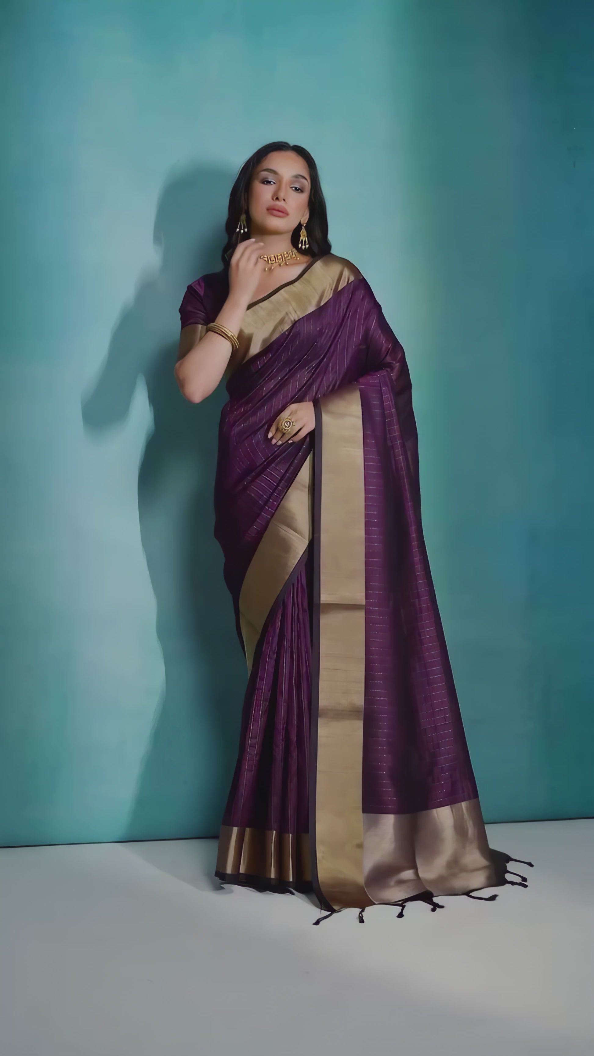 purple-silk-saree-gold-border-woman-blue