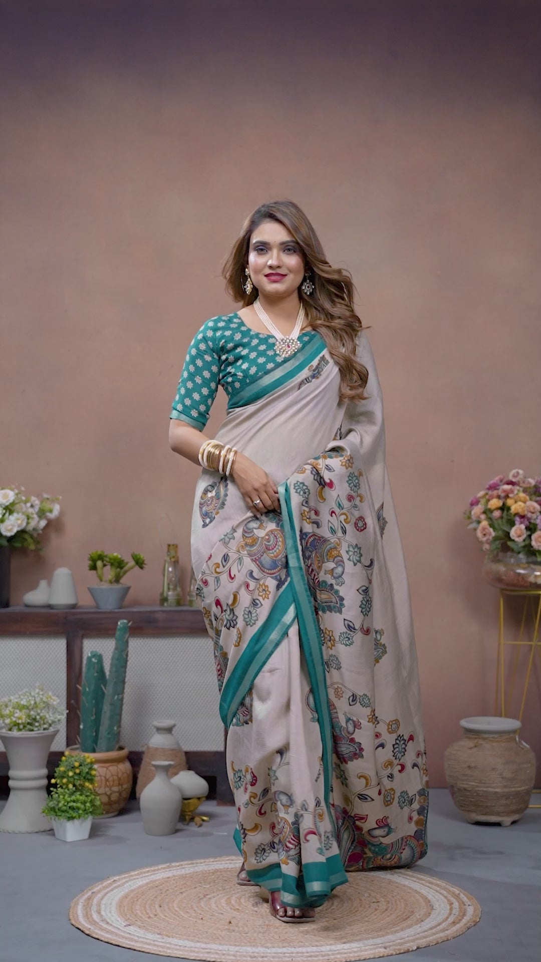 Rama Blue & Beige Kalamkari Print Mul Cotton Saree
