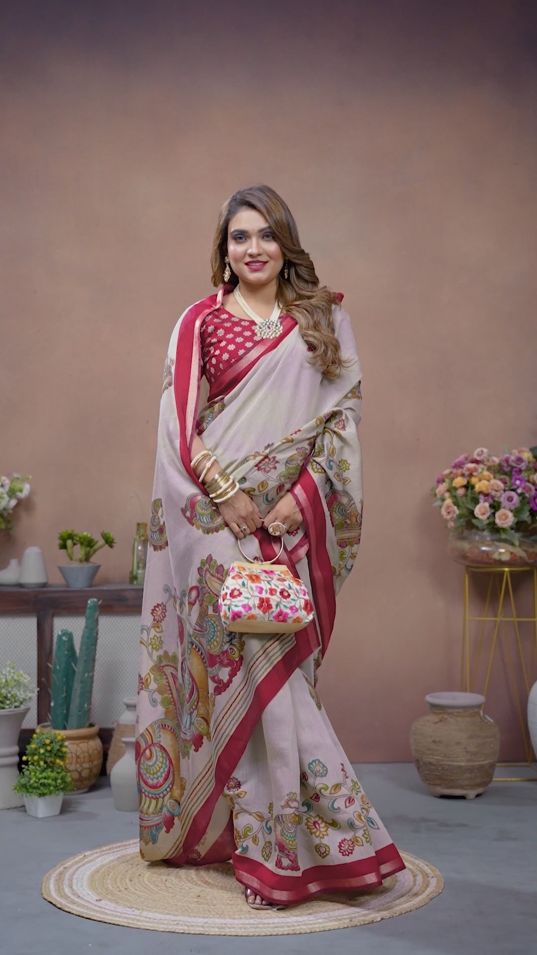 Maroon & Beige Kalamkari Print Mul Cotton Saree