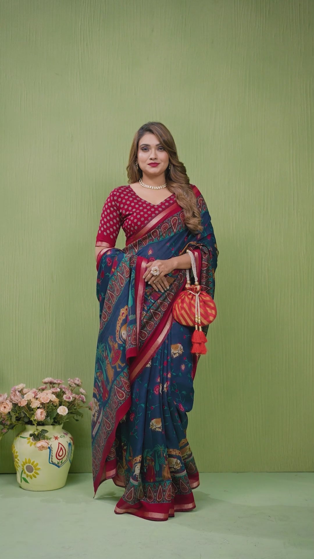 Navy Blue Mul Cotton Kalamkari Print Saree