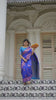 Woman in blue saree with zari work in temple