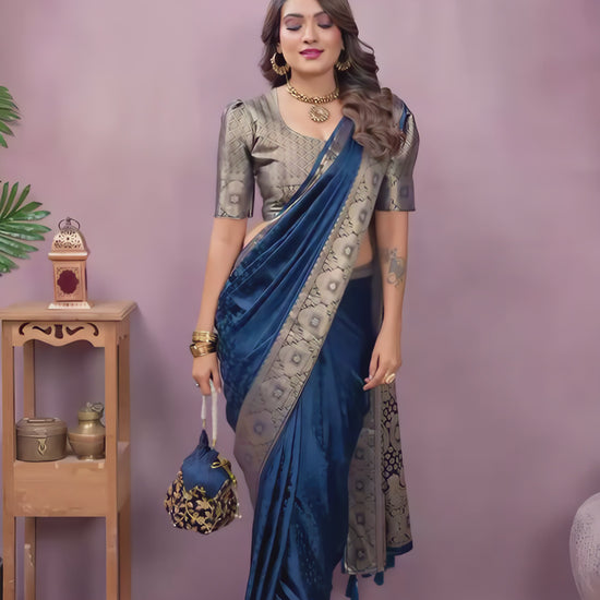 navy-blue-banarasi-silk-saree-golden-border-pottery-studio