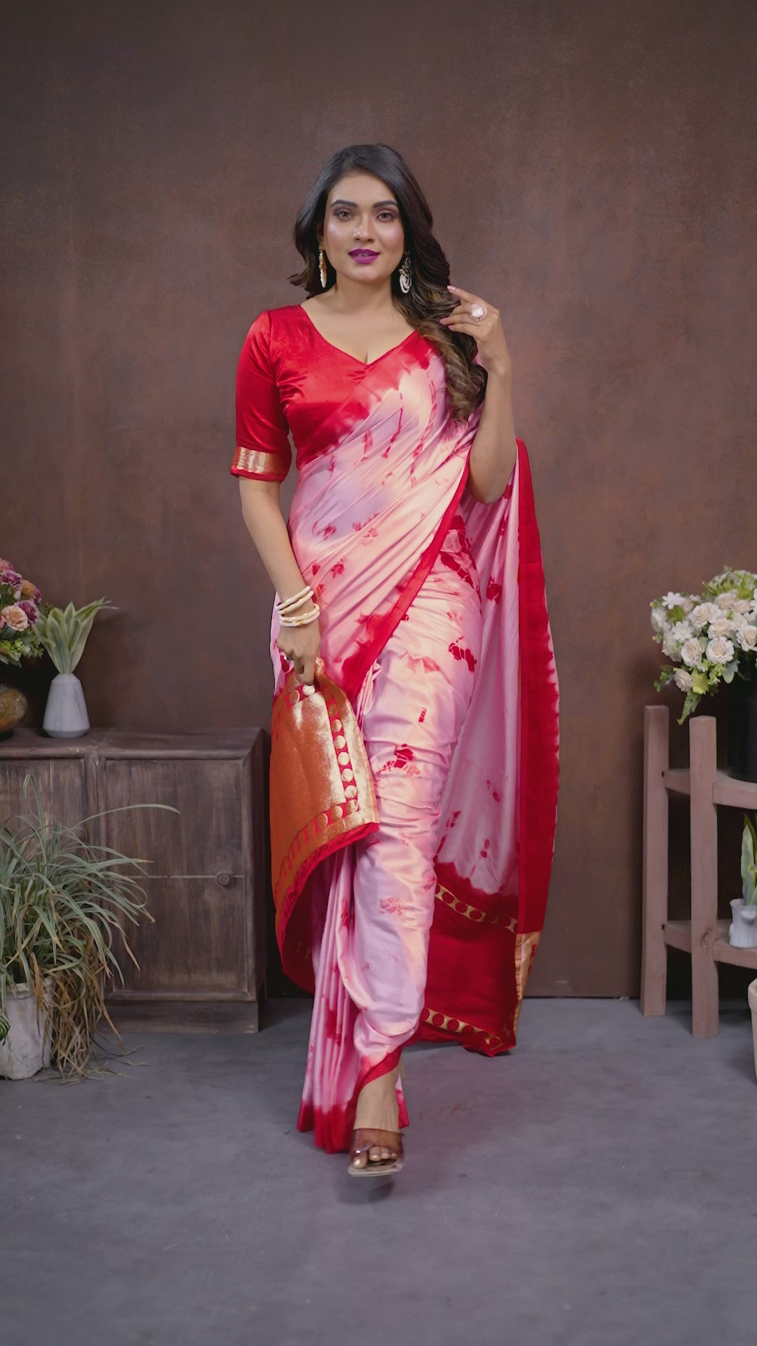 Red Sibori Work Soft Satin Silk Saree