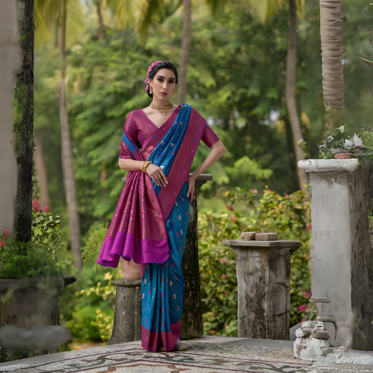  Woman wearing a purple and blue silk saree with gold zari motifs and a contrasting purple border, paired with a matching blouse and traditional jewelry, standing on a vintage stone veranda surrounded by lush green trees and garden plants.