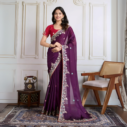 Woman wearing a deep purple chiffon saree featuring delicate floral embroidery and an ornate embroidered border, paired with a short-sleeve magenta blouse. She stands elegantly in a classic white paneled room with a vintage rotary telephone on a carved wooden side table, a modern wooden armchair with a woven seat, and a richly patterned rug for a sophisticated, traditional look.