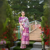 Beige & Purple Kalamkari Print Soft Tussar Silk Saree