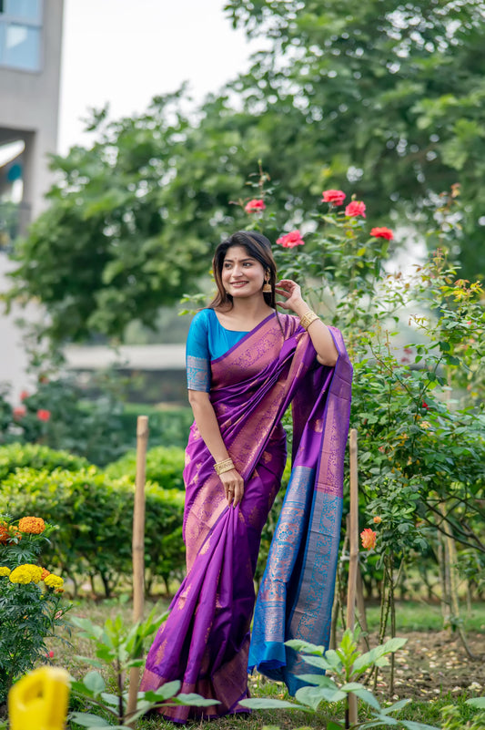 Purple saree with zari work and contrasting blue border