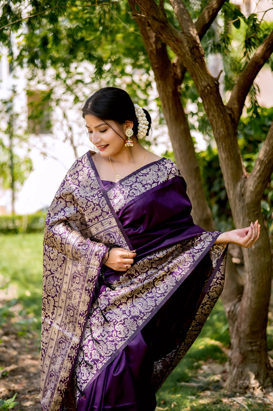 Woman wearing a rich purple silk saree with intricate gold border and matching blouse, standing gracefully on a stone pathway in a lush green garden with manicured lawns, trees, and city buildings in the background.