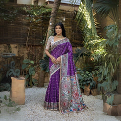 A woman models a Royal Purple Tussar Silk Saree with small white scattered prints. The pallu features a wide, elaborate panel with intricate Madhubani-style folk art prints in white, red, green, and blue. She wears a cream/gold embellished blouse and a gold Kundan choker necklace.