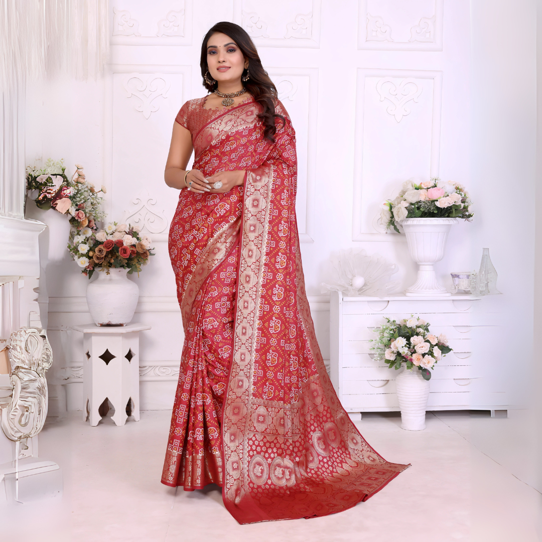 Woman draped in a vibrant red Banarasi bandhani saree featuring intricate white tie-dye patterns and an ornate zari border, paired with a matching short-sleeve blouse and traditional jewelry. She stands gracefully in a classic white room adorned with paneled walls and elegant white vases filled with pastel and rose-toned artificial flower arrangements.