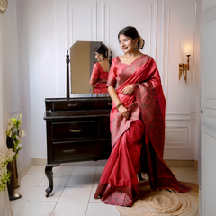 Woman wearing a red silk saree with intricate brocade patterns and a matching blouse, standing gracefully beside a vintage black dresser with a mirror in a softly lit studio featuring white paneled walls and elegant decor.