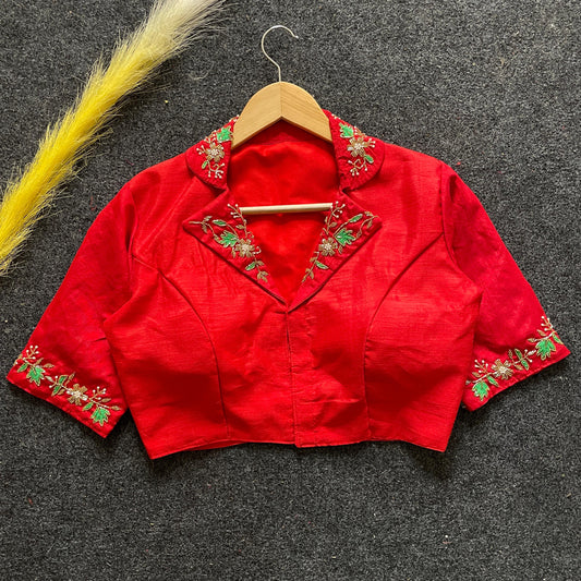 Red embroidery work Banglori silk blouse with intricate detailing, perfect for reception, sangeet, and festive occasions.