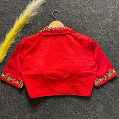 Red embroidery work Banglori silk blouse with intricate detailing, perfect for reception, sangeet, and festive occasions.