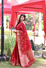Woman wearing a red saree with peach border and floral embroidery, posing outdoors under a red canopy with green plants and a bench in the background.