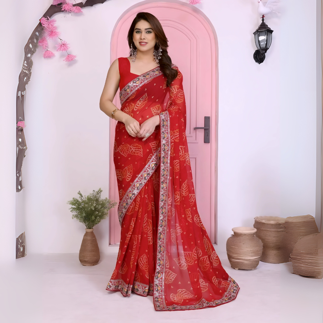  Woman wearing a vibrant red georgette Banarasi saree with traditional gold motifs and an ornate embroidered border, paired with a matching sleeveless blouse. She poses elegantly in front of a pastel pink arched doorway, accessorized with statement earrings and bangles, with earthy clay pots, a green foliage vase, and decorative pink branches completing the modern studio setting.