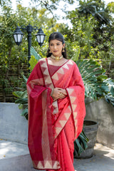 Woman wearing a red handloom silk saree with gold zari border and geometric patterns, paired with a sleeveless blouse and traditional jewelry, standing outdoors on a concrete platform surrounded by lush green plants and garden lighting.