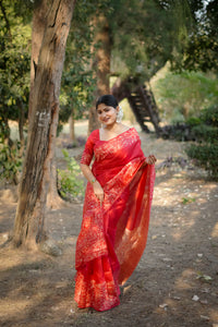 Red Gala Border Pattern Raw Silk Saree