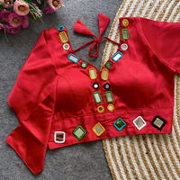 Red Mirror Work V-Neck Silk Blouse
