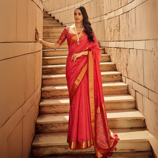 Woman wearing a red saree with detailed zari work and matching embroidered blouse, showcasing traditional Indian ethnic fashion on stone staircase backdrop