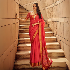 Woman wearing a red saree with detailed zari work and matching embroidered blouse, showcasing traditional Indian ethnic fashion on stone staircase backdrop