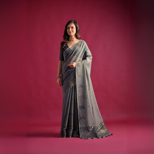 Gray Resham Weaving Soft Mul Cotton Saree