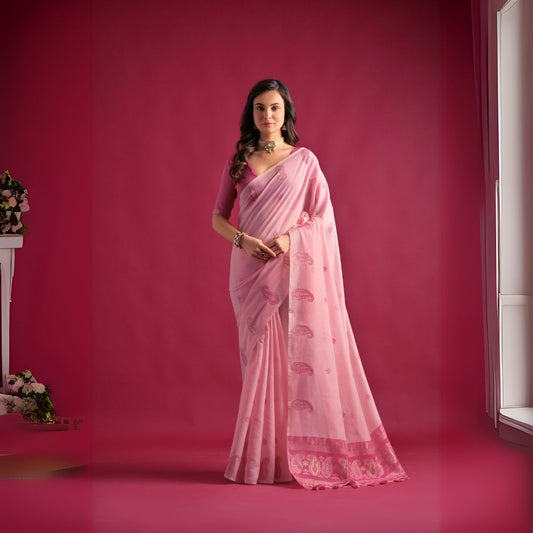 Pink Resham Weaving Soft Mul Cotton Saree