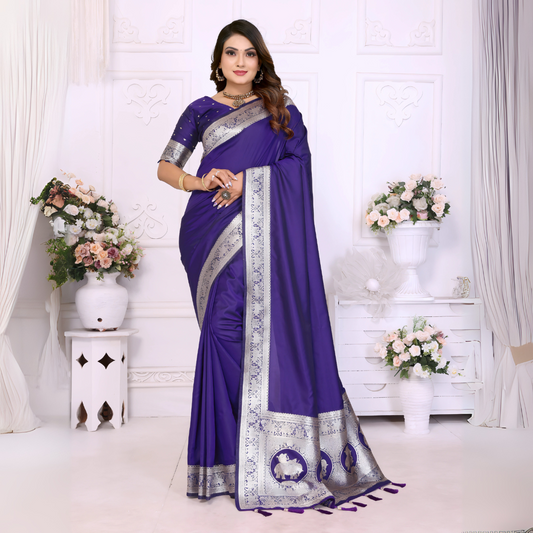 Woman draped in a royal blue silk saree with an elegant silver zari border featuring traditional motifs and tassel accents, styled with a matching blouse and gold jewelry. She stands gracefully in a sophisticated white floral-themed room decorated with classic wall panels and ornate flower arrangements.