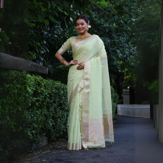 Sea Green Zari Work Soft Mulberry Silk Saree