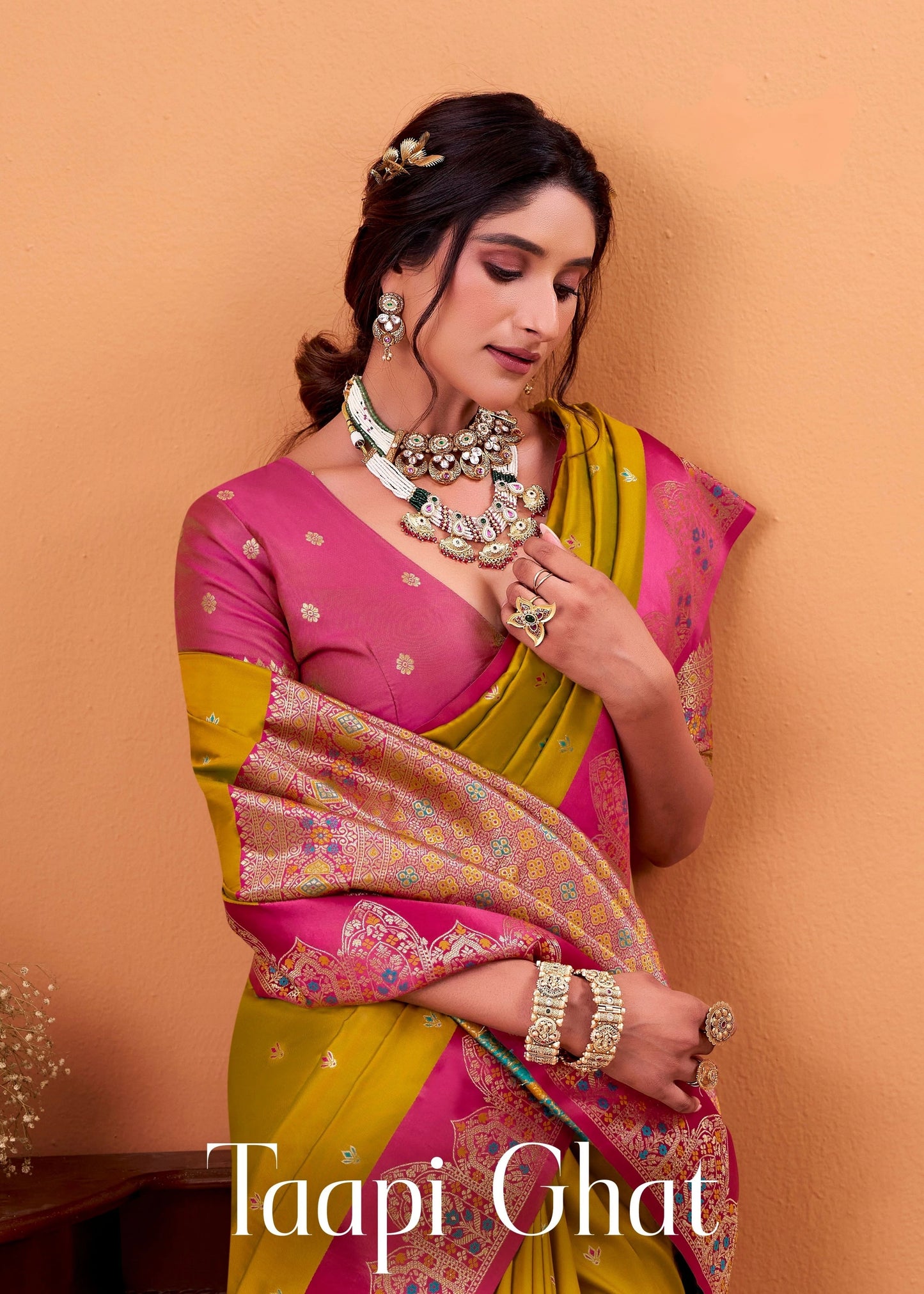 Mustard Yellow Floral Print Linen Silk Saree