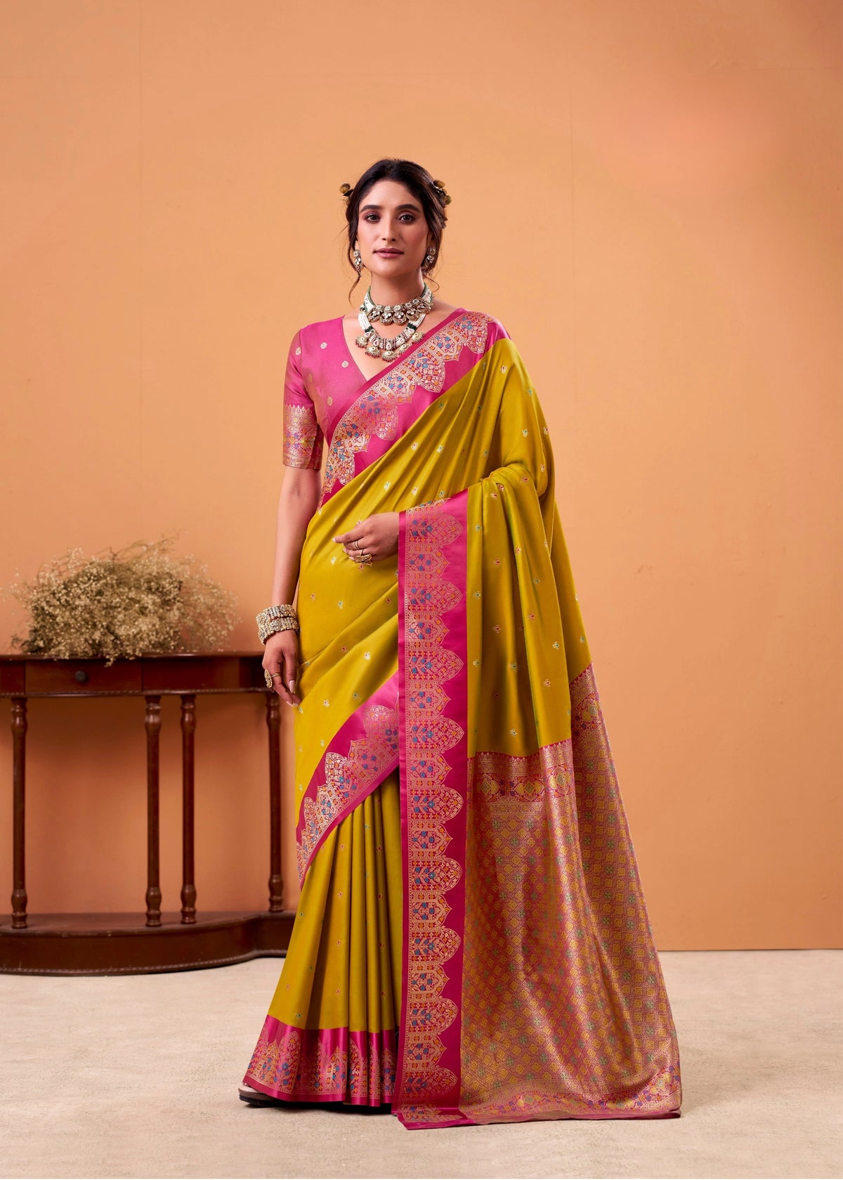 Mustard Yellow Floral Print Linen Silk Saree