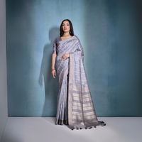 Gray Zari & Ikkat Weaving Soft Raw Silk Saree