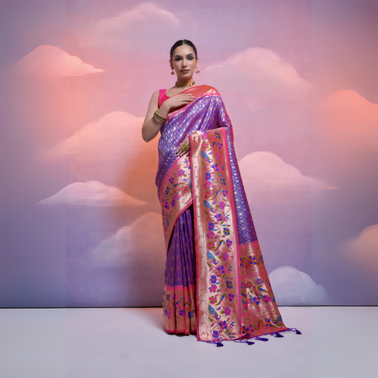 Woman wearing a silver Banarasi silk saree with an intricate pink floral zari border and pallu, paired with a pink blouse and traditional jewelry, posing in a pastel-themed studio with dreamy cloud backgrounds.