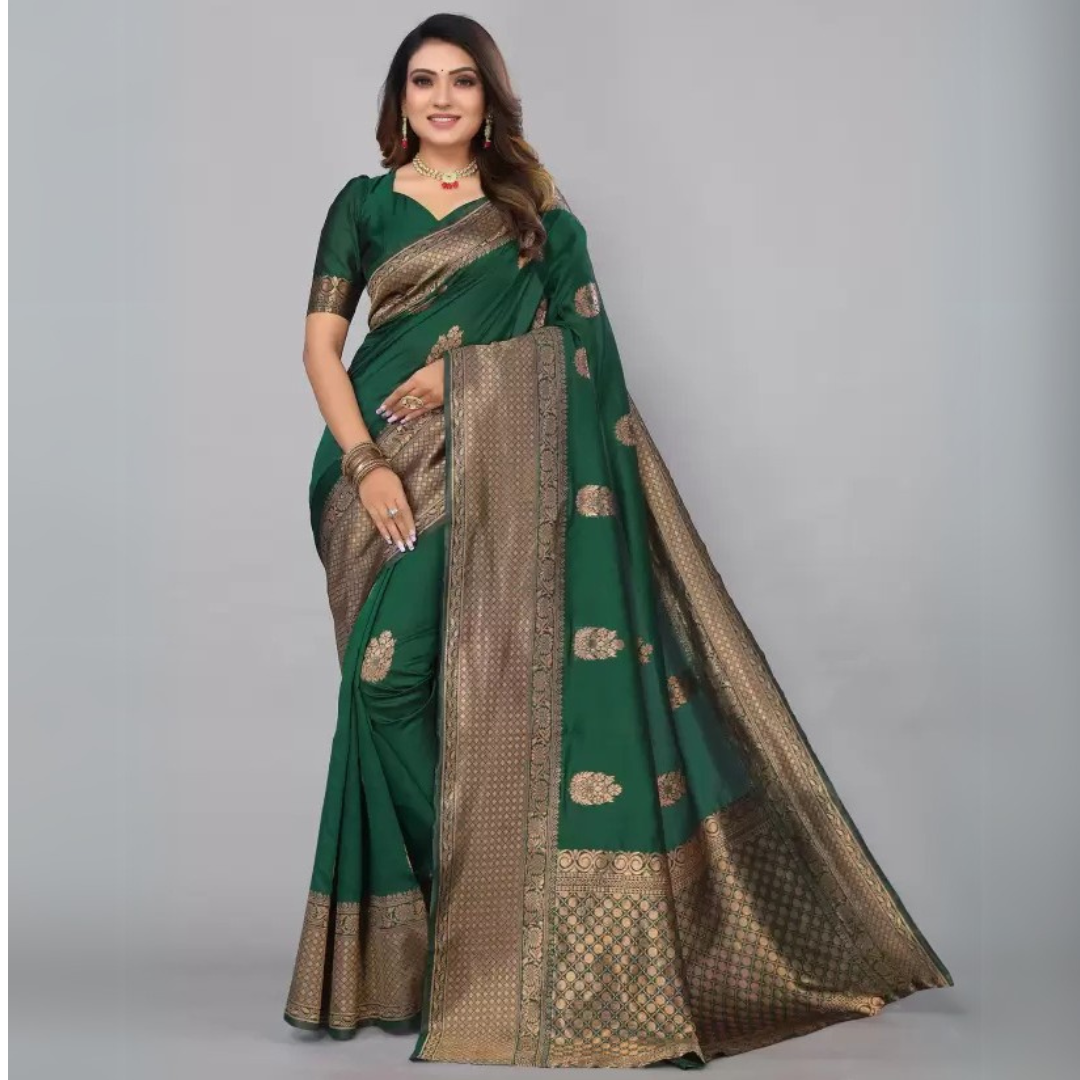 Designer Dark Green Soft Lichi Silk Saree with All-Over Jacquard Detailing & Luxurious Pallu