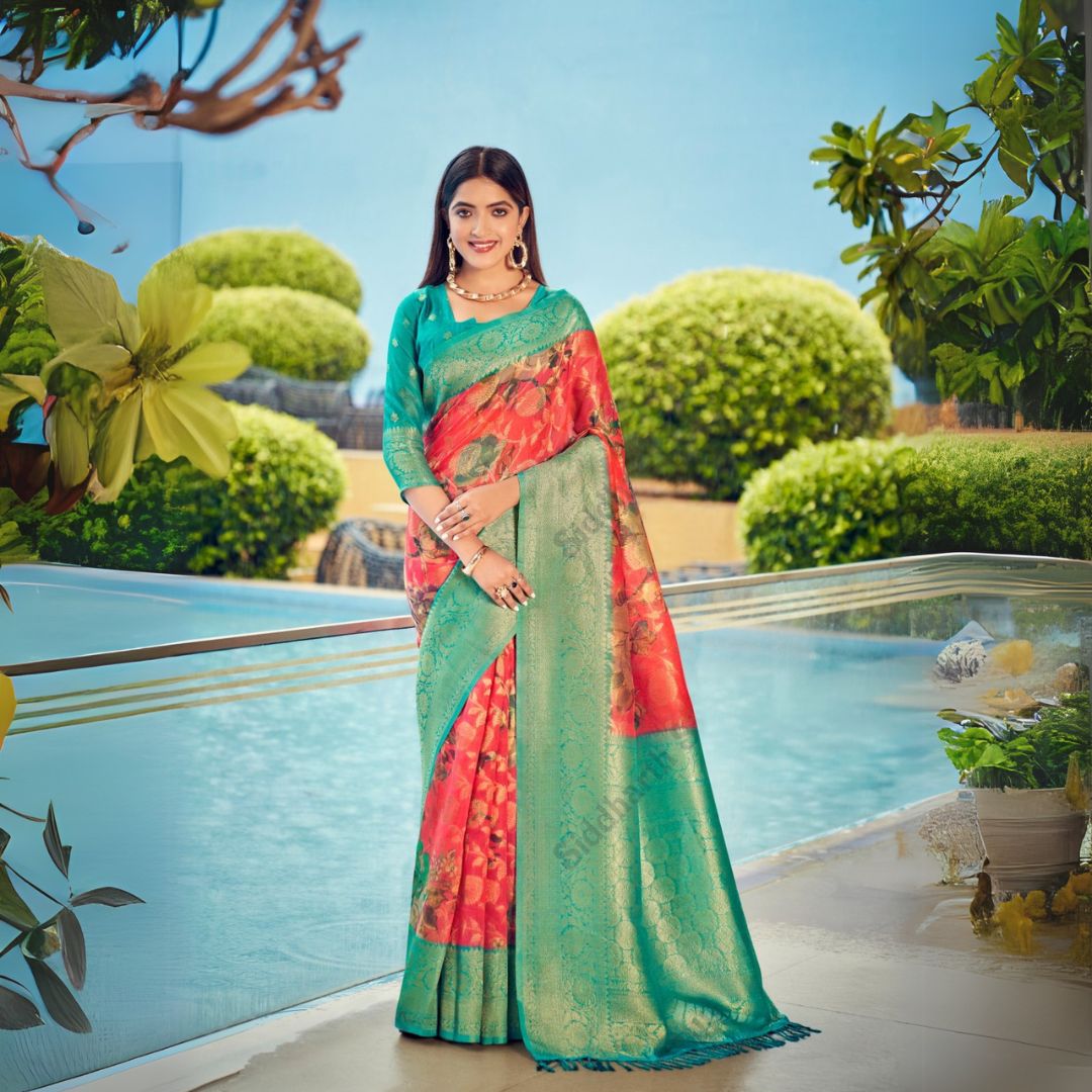 Woman in a soft peach zari work saree with teal border standing poolside with lush greenery and a clear blue sky in the background