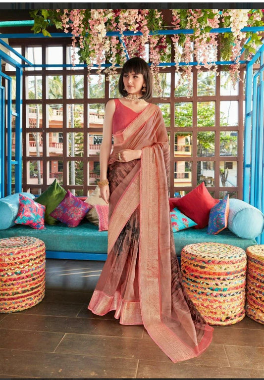 Soft peach saree with zari work