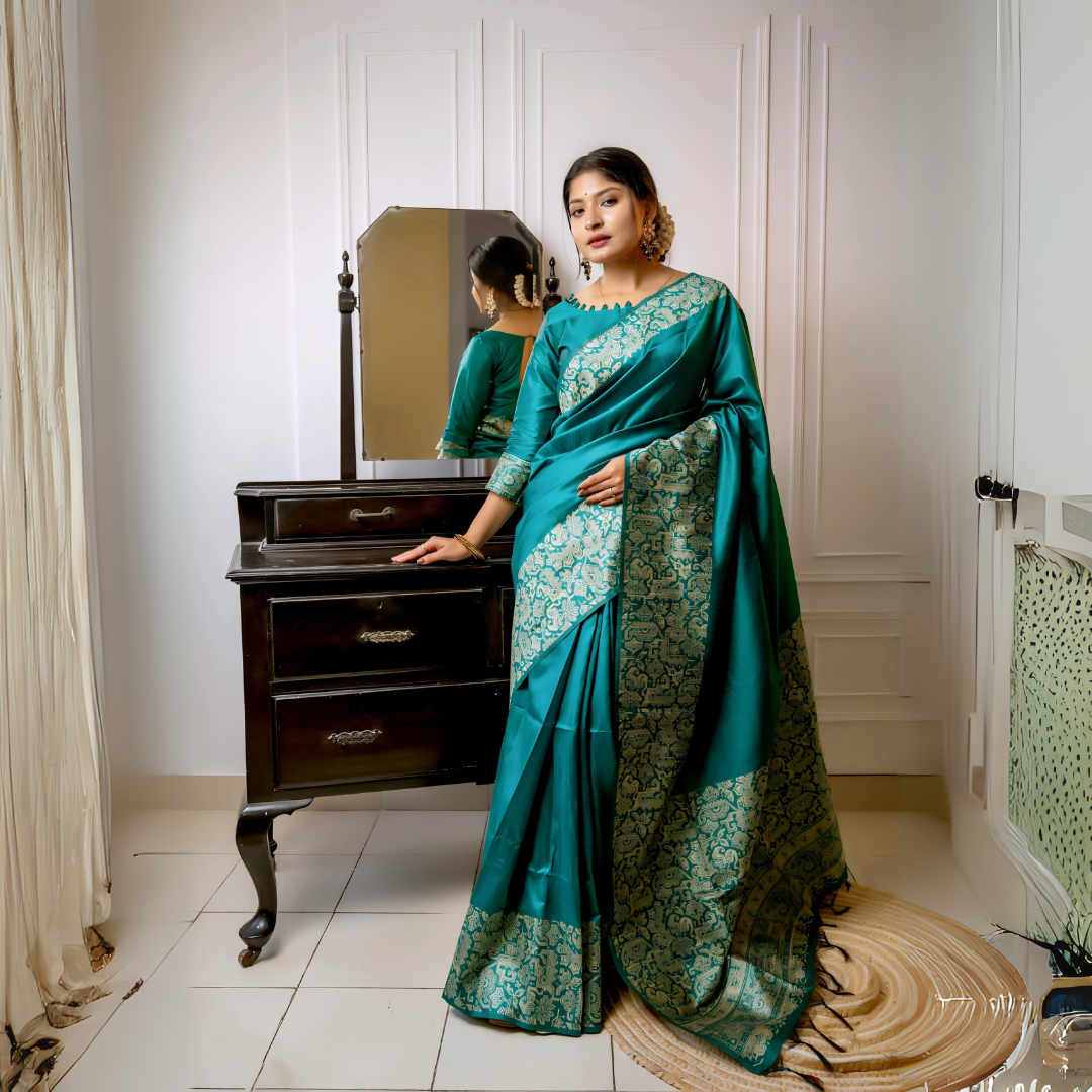 Woman wearing a teal silk saree with intricate brocade patterns and a matching blouse, standing gracefully beside a vintage black dresser with a mirror in a softly lit studio featuring white paneled walls and elegant decor.