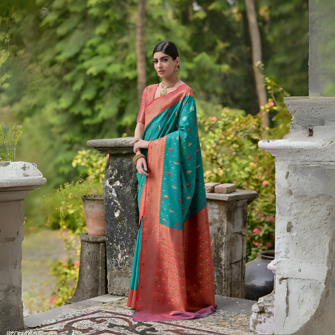 Woman wearing a teal and coral silk saree with gold zari motifs and a contrasting coral border, posing outdoors on a vintage stone veranda with lush green trees and garden plants in the background.