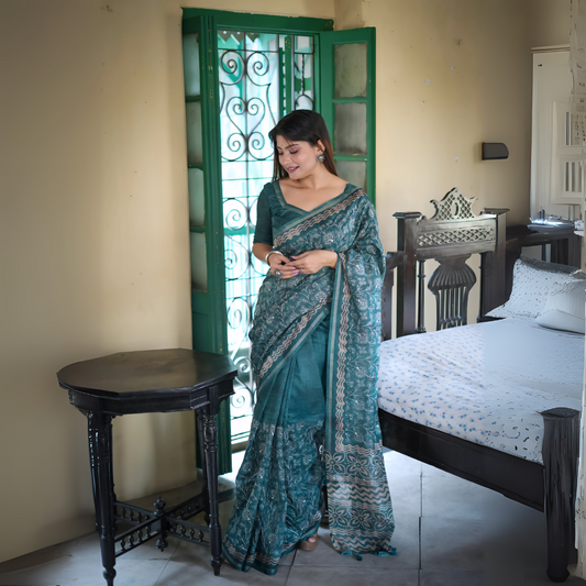 Woman wearing a teal floral printed saree with a matching blouse, standing beside a vintage black table in a heritage-style bedroom with a green paneled door and antique wooden furniture.