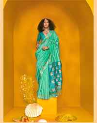Teal Printed Tussar Silk Saree