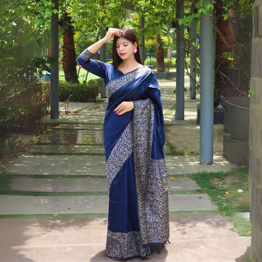 Navy Blue Warli Weaving Soft Banglori Raw Silk Saree