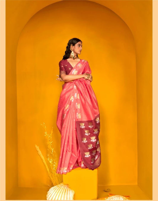 Woman wearing tulip pink khadi silk saree with intricate zari work design standing against a yellow backdrop

Let me know if you want variations for thumbnails, Pinterest, or other platforms.
